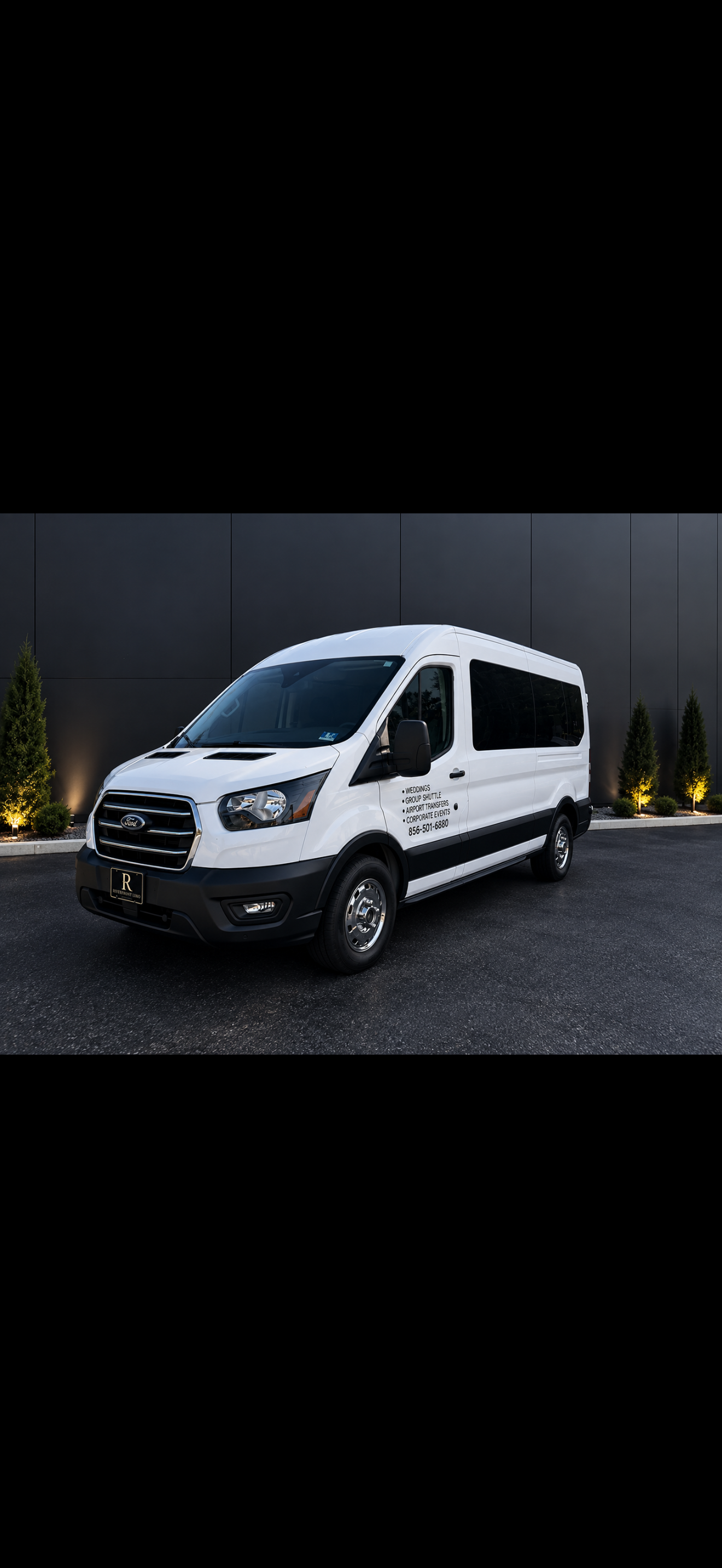 Ford Transit Luxury exterior with Riverfront Limousine branding